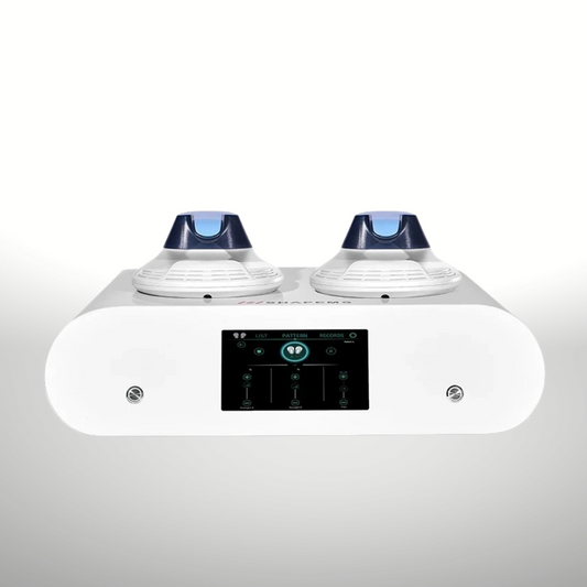 Desktop portable EMSculpting Machine, White and blue color, with two treatment handles