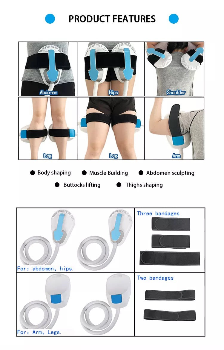 Product features of EMSlim Machine, Handles and bandages are applied to leg, arms, shoulders, hips